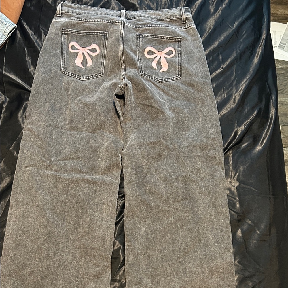 Zara Gray Flare Jeans with Pink Bow Detail